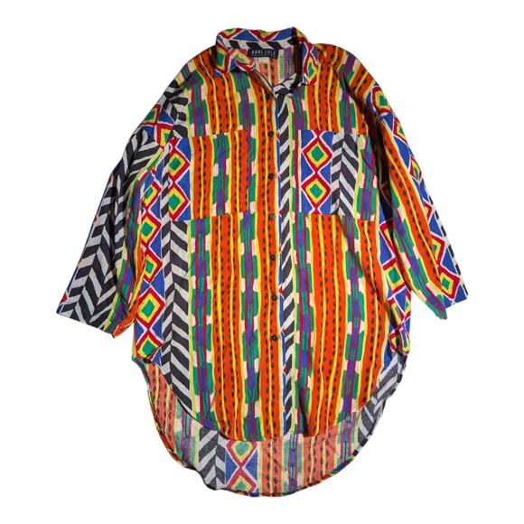 Vtg 1990s Anne Cole Colorful African Tribal Print Oversized Button Up Top Sz S - Picture 1 of 3